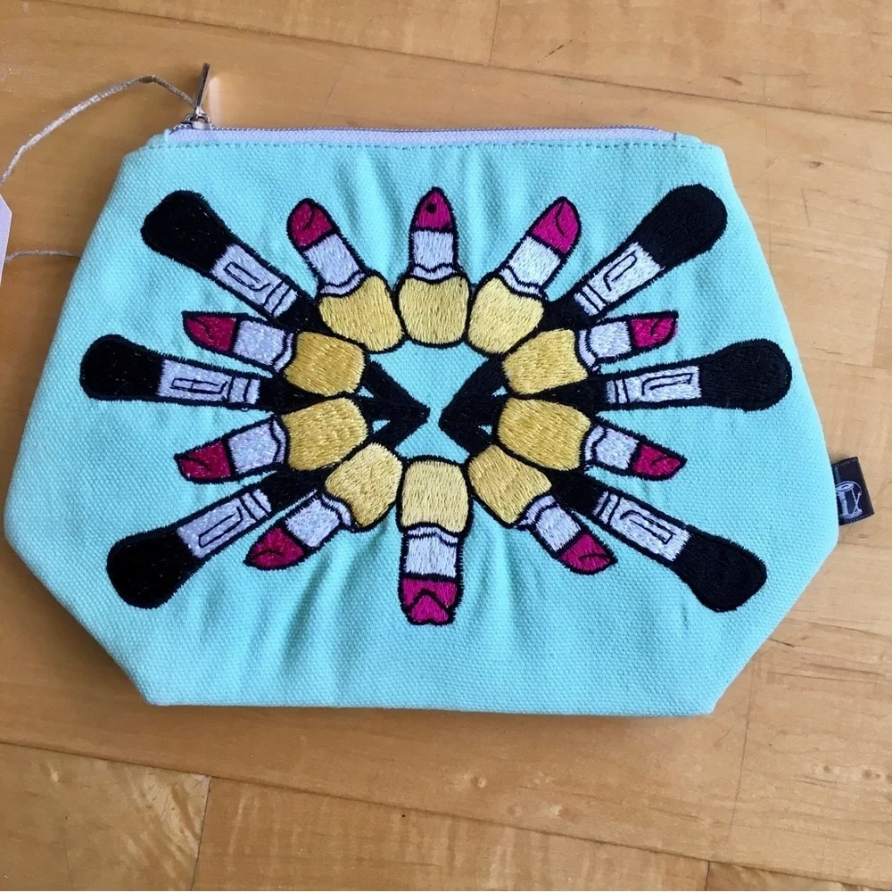 Emma Lomax London Lipstick Embroidered Travel / Makeup Bag, Aqua, Pink